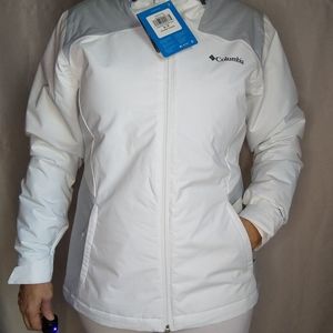 COLUMBIA Omni-Tech and Heat-Tech Size S White and Lite Grey Hooded Winter Coat.